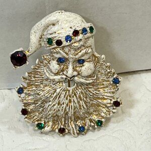 VTG White Enamel Santa Claus w/Colored Rhinestones brooch Pin 2"x1.75"
